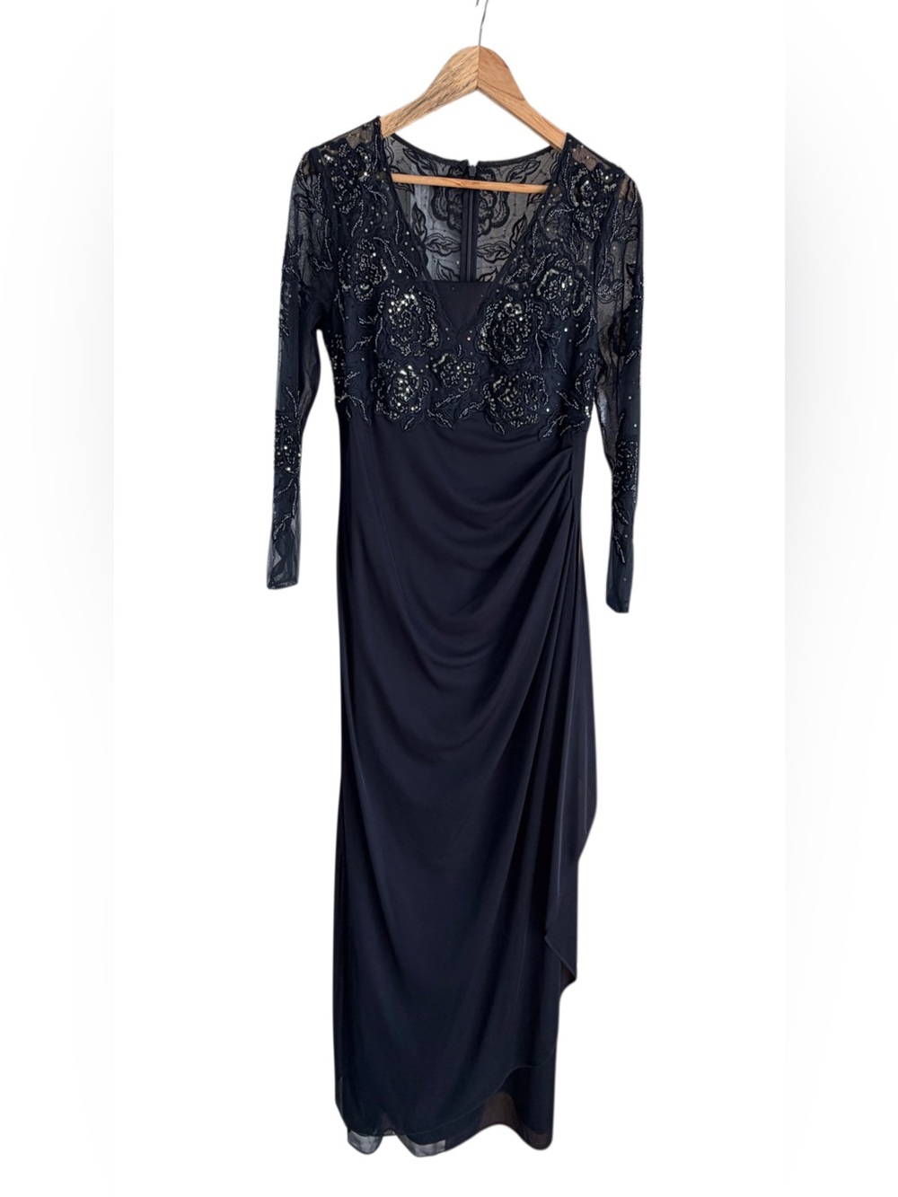 Xscape Gown Navy Blue Beaded Lace Size 12 Long Sleeve V Neck